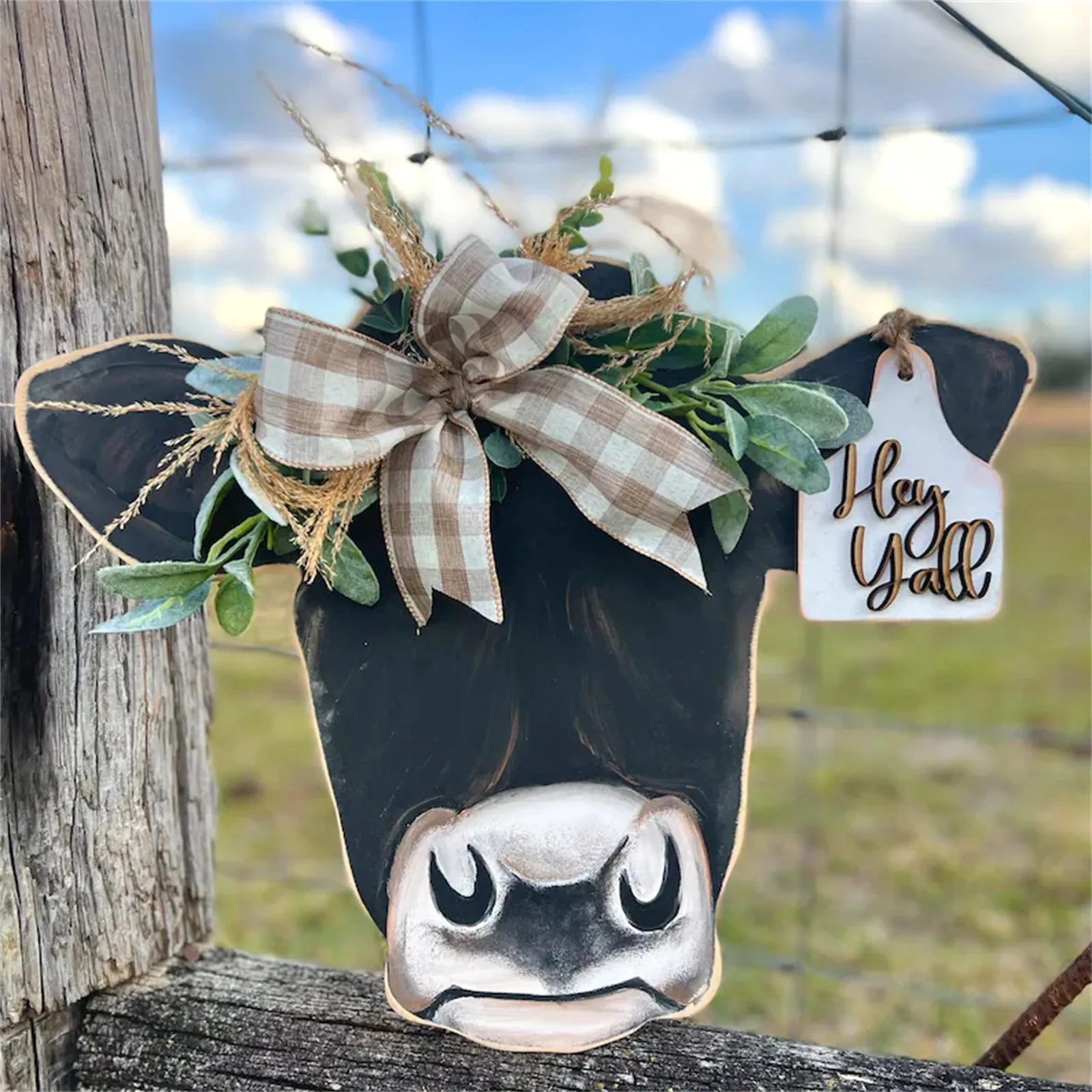 Welcome Farmhouse Cow Head Door Plaques Wreath Sign Rustic