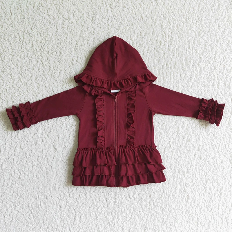 

Fashion Outerwear Baby Girl Dark Red Coat Ruffle Long Sleeve Hoodie Cotton Zipper Sweatshirt Children Clothes Infant Clothing