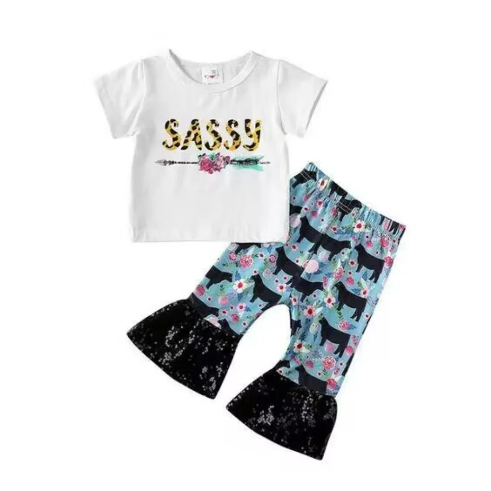 

Baby Girl Clothing White Short Sleeve Letter Print Tie Dye Shirt Top Bell Pants Outfit Wholesale Kid New Boutique Clothes Set