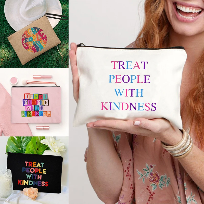 

Maintain Kindness Canvas Linen Makeup Bag Treat People with Kindness Make Up Storage Organizer Pencil Cases Travel Lipstick Bag
