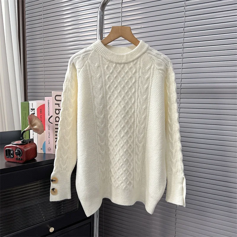 

Casual Loose twist Knit pullover For women Full Sleeves White Color Elegant jumpers Preppy Teens Clothing Pullover