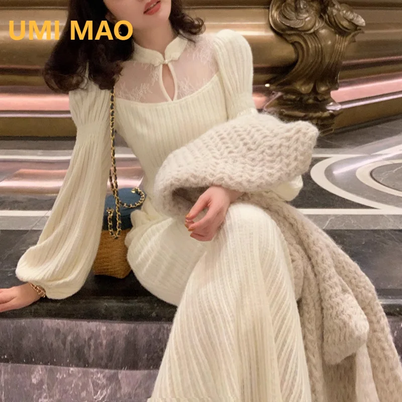 

UMI MAO New Chinese Qipao Dress Elegant Gentle Elegant Slimming Lantern Sleeves Mid Length Dress Femme Y2K