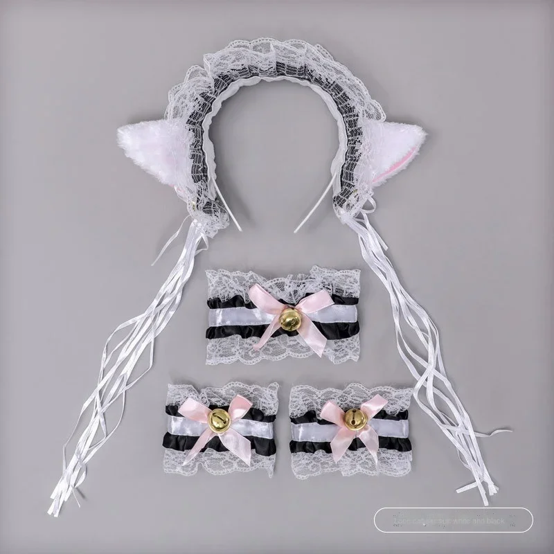 Women Lolita Girl Cat Fox Ear Headband Bow Neckwear Bell Tail Maid Housemaid Party Anime Cosplay Costume Halloween Christmas