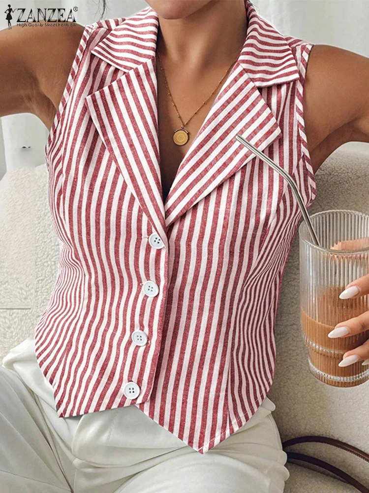 Fashion Summer Sleeveless Stripe Tanks Tops 2025 ZANZEA Office Lady Blouses Women Shirt Stylish Holiday Tees Irregular Hem Camis 3