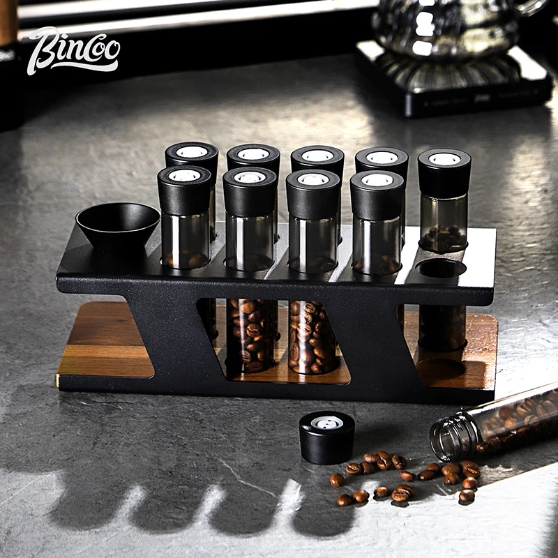 BINCOO Coffee Bean Storage Rack with 8 Airtight Glass Bottles and Wooden Base, Single-Dose Espresso Bean Dispensing System