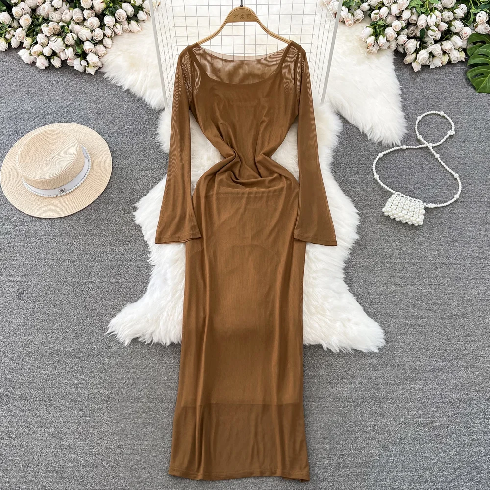 

Spring And Autumn Flare Long Sleeve Dresses Women Round Neck Waist Slim Fit Mesh Dress Two Piece Set With Strap Tank Top Dress