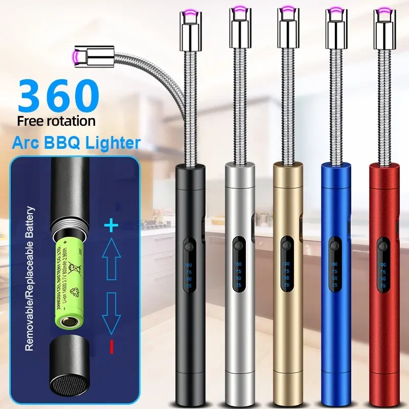 GADATOP Elektrische aansteker dubbele boogaansteker winddichte vlamloze aanstekers buiten kleurrijke plasma-aanstekers met ritmisch knipperende batterij-indicator (wit-blauw