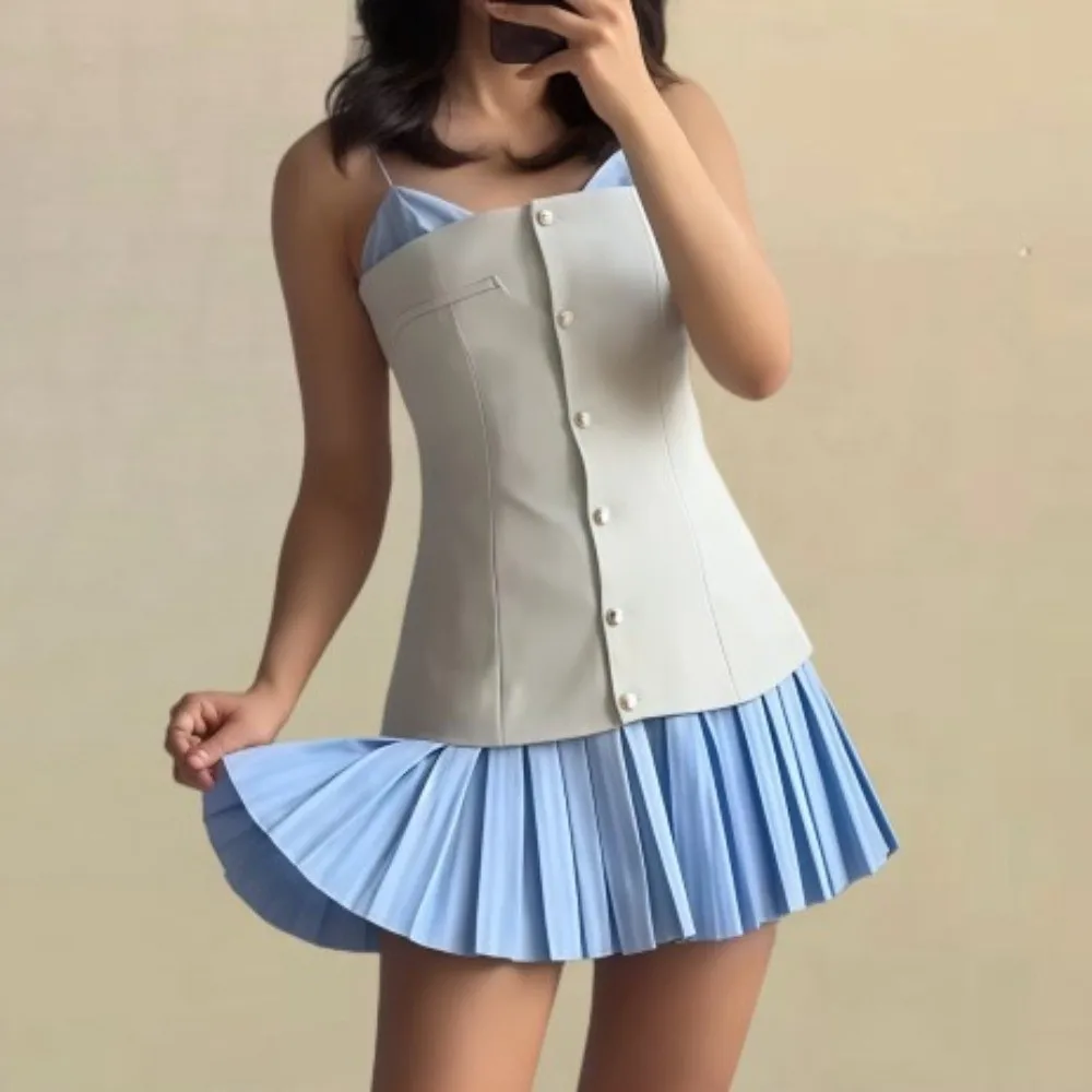 Striped Sleeveless Dress Patchwork Wide Pleated Blue Color Suspenders Short Skirt Casual Loose College Style Pleated Skirt