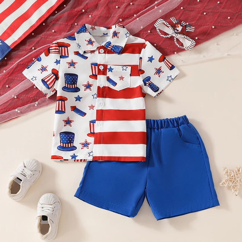 

2024-04-11 Lioraitiin Kids Boys Shorts Set, Short Sleeve Stars Stripes Print Shirt with Elastic Waist Shorts 4th of July Outfit