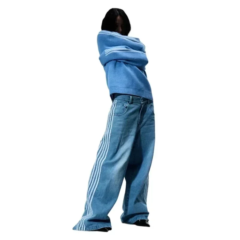 Y2K Women Simple Striped Embroidered Baggy Jeans Pink Sweatpants Hip Hop Streetwear Casual Retro Harajuku Wide Leg Denim Pants 6