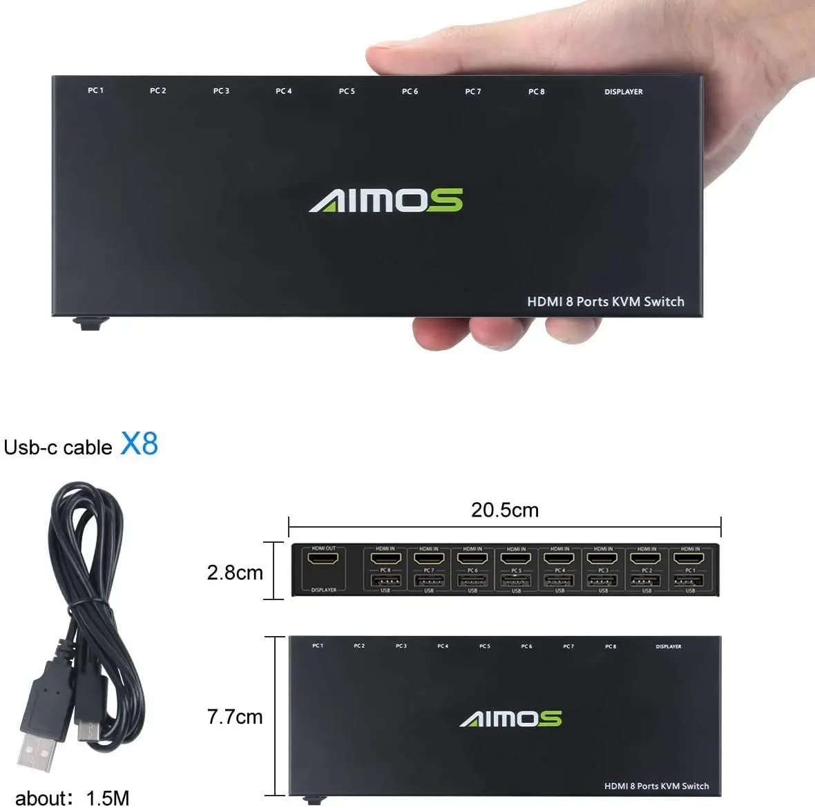 AIMOS-HDMI kvmスイッチ,8 in 1,ラップトップ用スイッチャー,pc,ps4