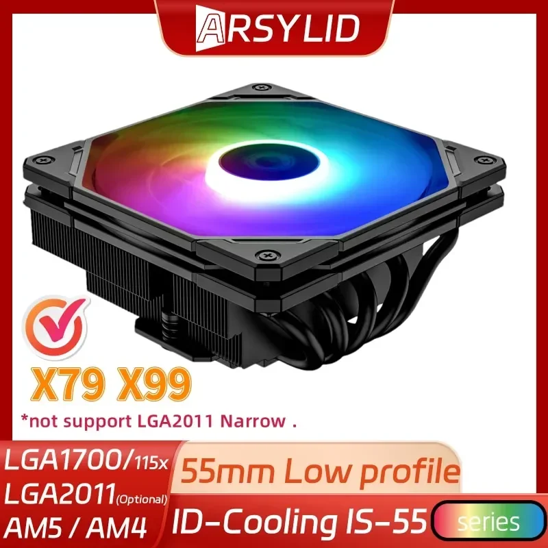CPU Radiator ID-Cooling IS-55 Black Low Profile LGA2011 LGA1700 1200 115x AM5 AM4 5 Heatpipe 12cm Fan Cooling 55mm Ryzen 7000