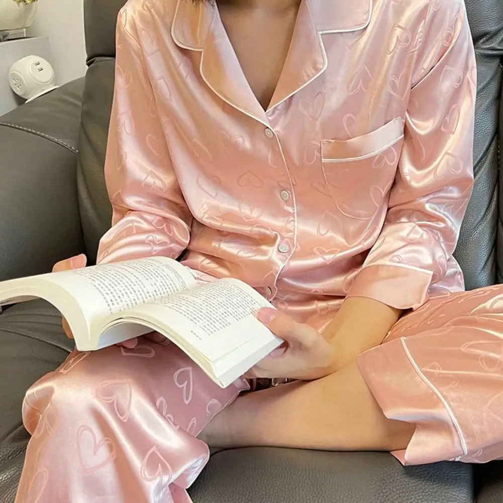 lady loose sleepwear striped silky ice silk pajama set for women long sleeve homewear shirt wide leg pants sleepwear for spring Long-sleeve Pajama Top Women's Heart Print Silky Ice Silk Pajama Set with Long Sleeve Shirt Wide Leg Pants for Spring Summer