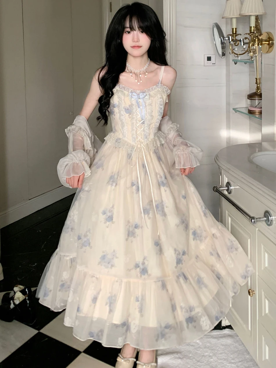 NIGGEEY 달콤한 프린트 메쉬 패치워크 레이스 테두리 서스펜더 원피스 페어리 롱 원피스, 나무 귀 레이스 업 가디건 세트, 용수철 여름