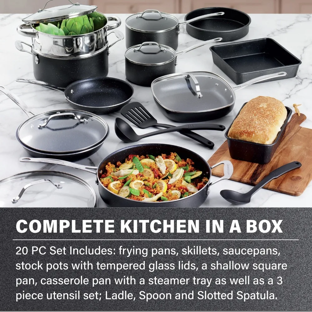 Pots and Pans Set 20 Piece Complete Cookware Bakeware Set Nonstick  Dishwasher Oven Safe Black