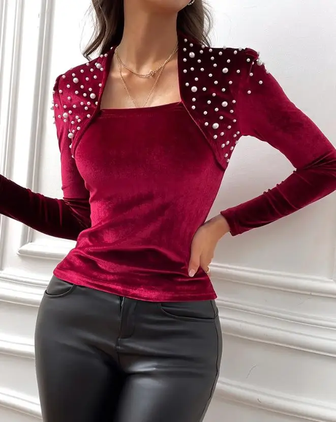 

Ladies Asymmetric Blouses 2024 Spring Elegant Celebrity Beaded Velvet Neck Top Fashion Casual Long Sleeves Commuting Daily Shirt