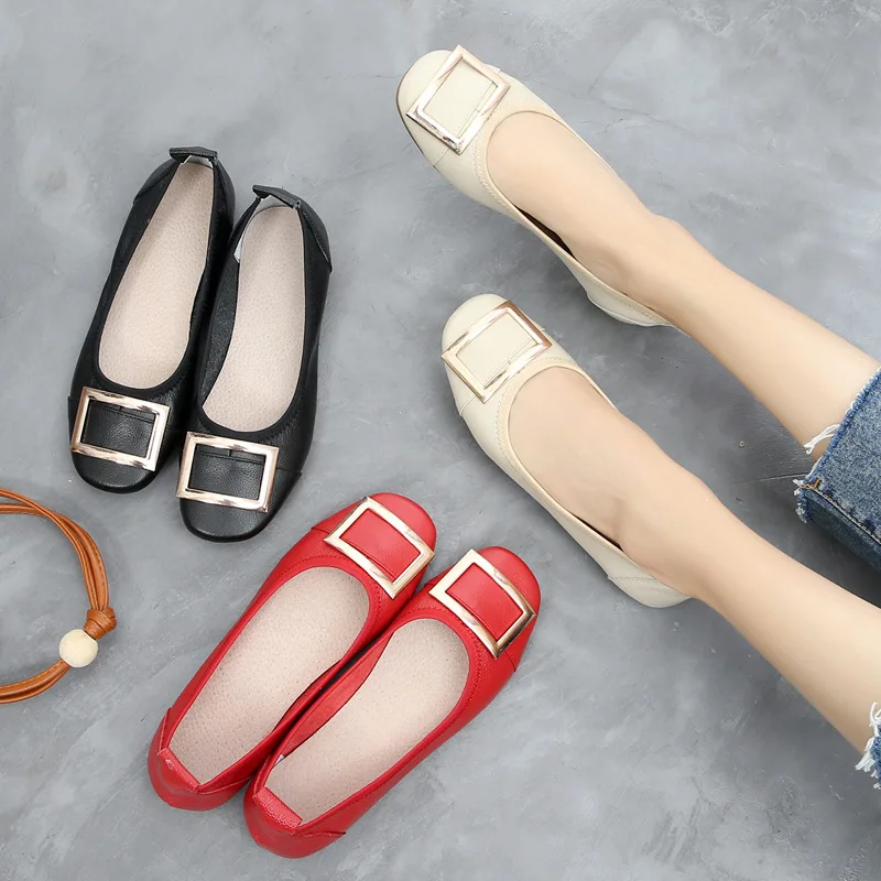 Top Layer Cow Genuine Leather Shoes Elegant Lady Shallow Mouth Soft Sole Single Shoes  Relax Lazy Casual Driving Shoes