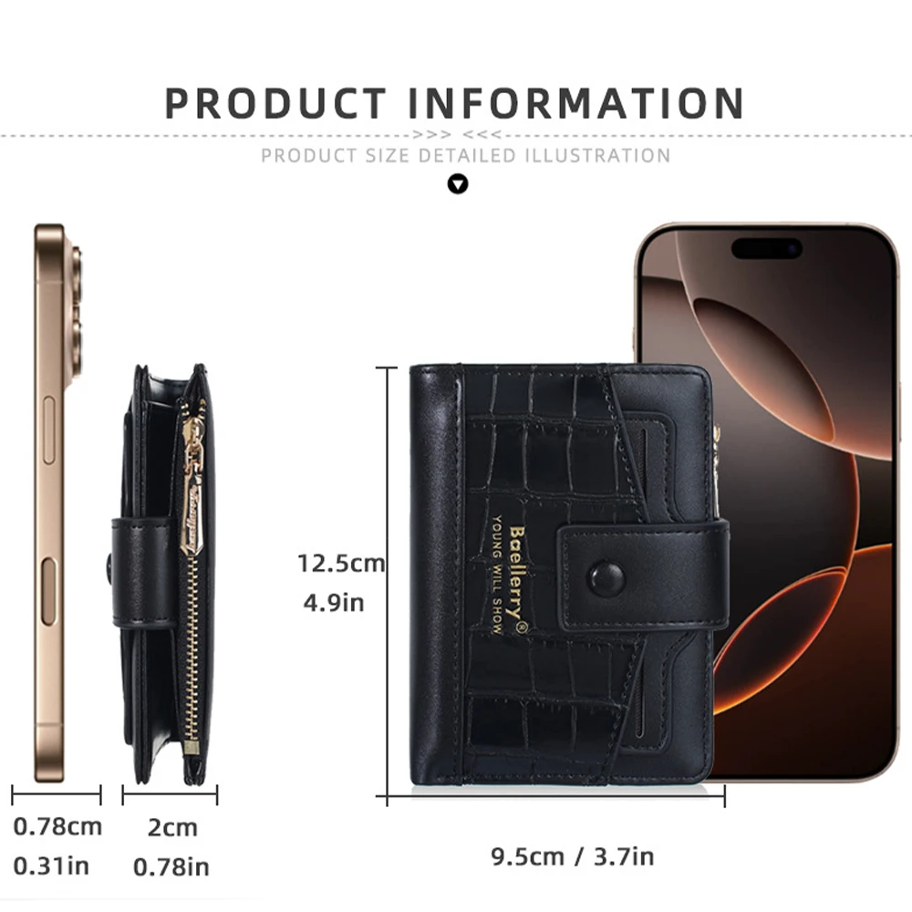 Baellerry Women's Ultra-Thin Short Wallet, Crocodile Pattern Leather, Metal Buckle Design, Simple and Stylish Card Holder