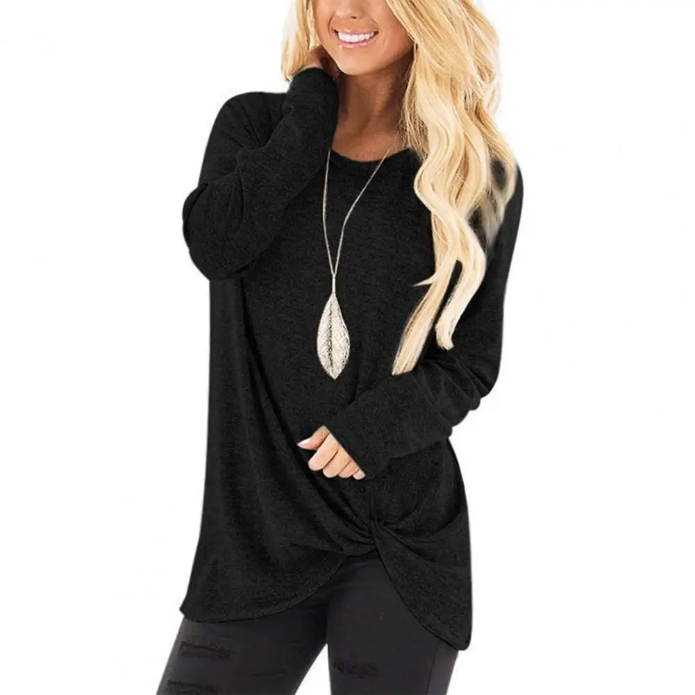 

Soft Elastic Women Top Stylish Women's Long Sleeve T-shirt Collection Casual Twist Knot Hem Tops Slim Fit Striped Tee O-neck
