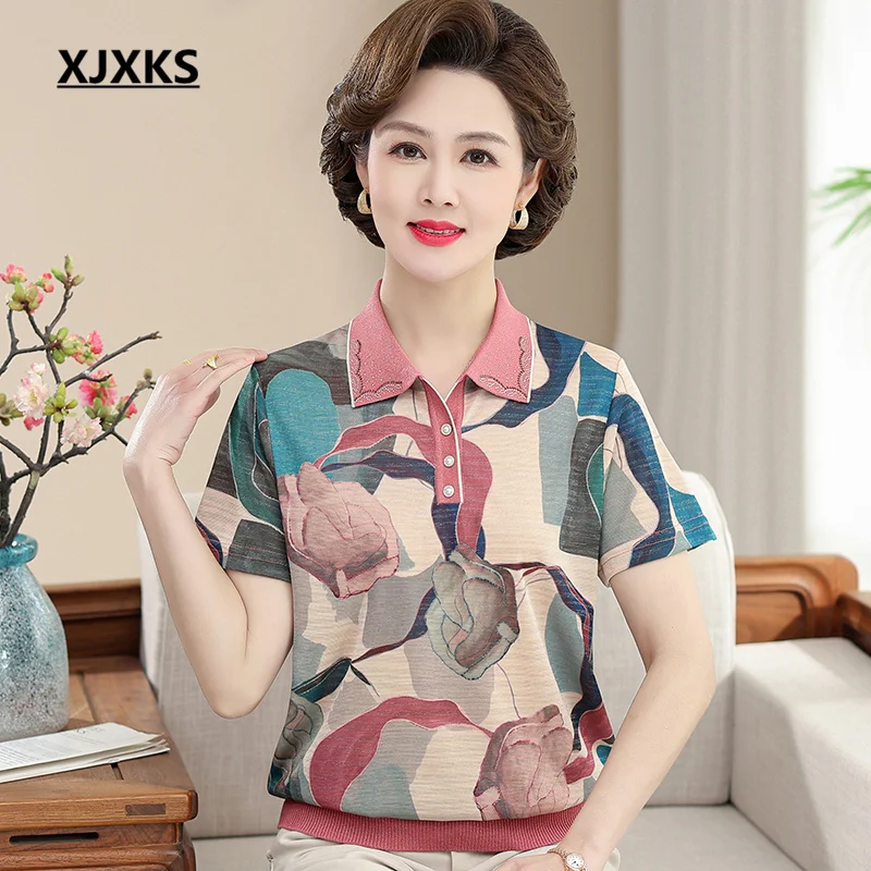 

XJXKS 2023 Summer New Loose Oversize Women's T-shirt Fashion Lapel Print Short-sleeved Tops Middle-aged Elderly Shirts