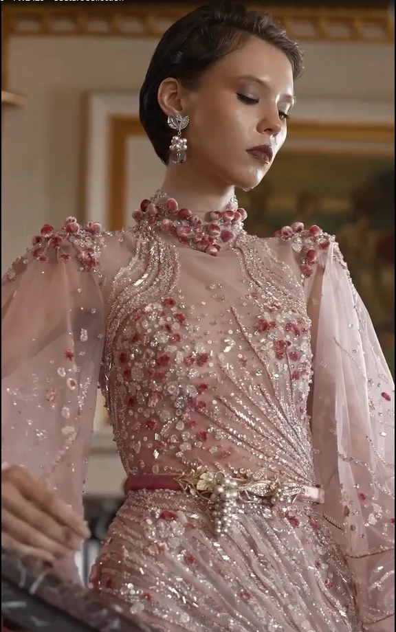 FATAPAESE 3D Florals Evening Gowns Long Puff Sleeve High-neck Velvet-buttons Cover Fully Crystals Jewel A-line Gowns