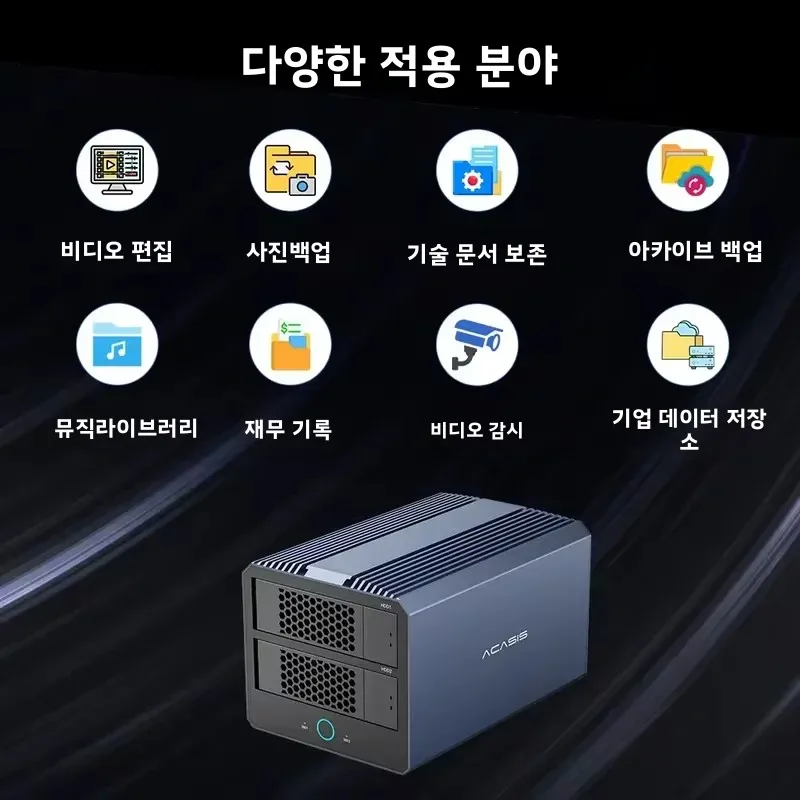 아카시스 40Gbps M.2 NVMe SSD 인클로저 & 2.5/3.5인치 SATA HDD/SSD 인클로저 76TB 용량 8K/60HZ 고온/저온 데이터 지원