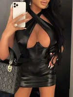Sexy Off Shoulder Wrap Chest Hollow Out Imitation Leather Bodycon Dress Women Sleeveless Skinny Evening Dress Club Party - Image 3