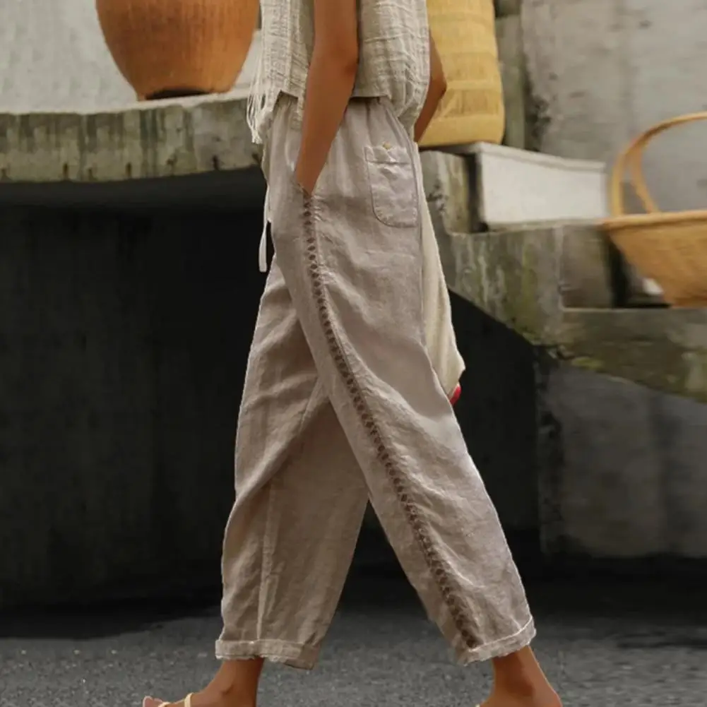 

Женские Дышащие Брюки с широкими штанинами, элегантные кружевные Комбинированные брюки с широкими штанинами, брюки в стиле ретро с завышенной талией и шнурком для женщин, повседневные