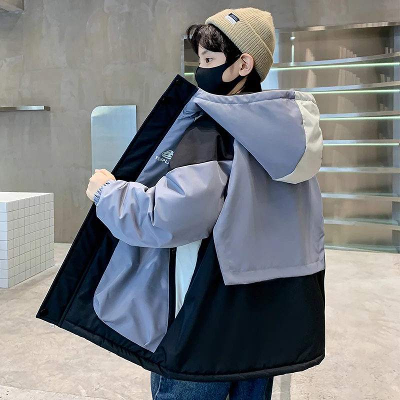 Kids Warm Patchwork Style Padded Parkas Coat For Boys Thermal Winter Jacket with Hood Jacket Zip Up Hoodie Trench Coat Outerwear
