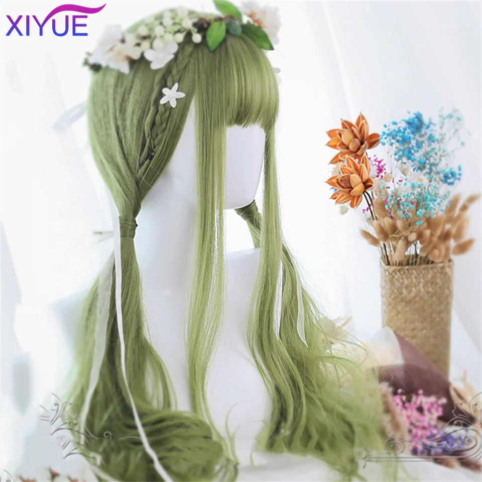 XIYUE Green Long Straight Synthetic Wigs for Women Natural Wave Wigs with Bangs Heat Resistant Cosplay Hair Halloween