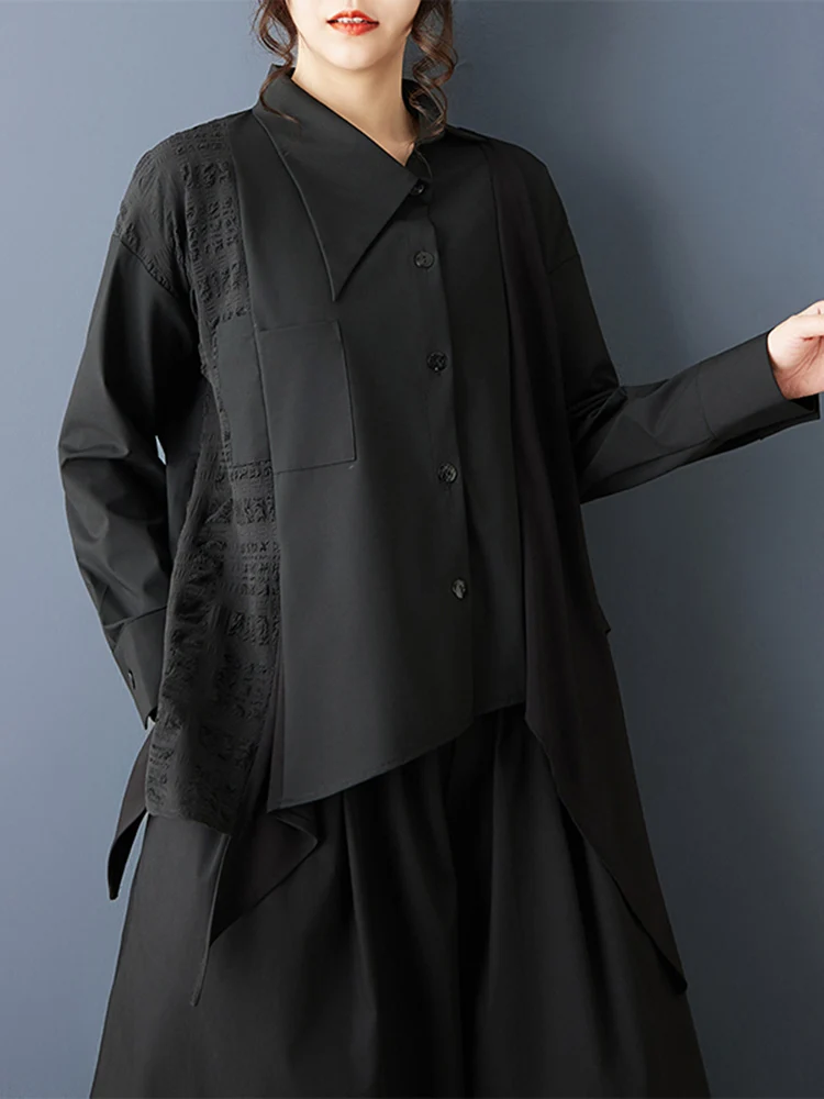 2026 Spring Autumn New Asymmetrical Patchwork Black Vintage Shirt Women Long Sleeve Loose Casual Blouse Top Fashion Clothing