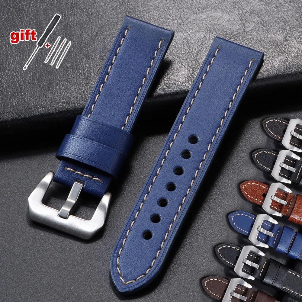 Vintage Matte Polished Genuine Leather Watch Strap - Blue Brown Bracelet
