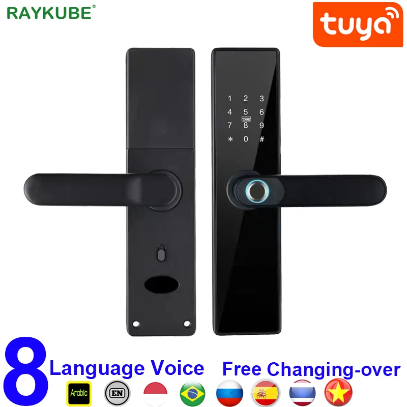 RAYKUBE Tuya Smart Door Lock Wifi Fingerprint Password IC Card Keyless Remotely Unlock Use AA Battery Support 8 Language Voice best electronic door lock