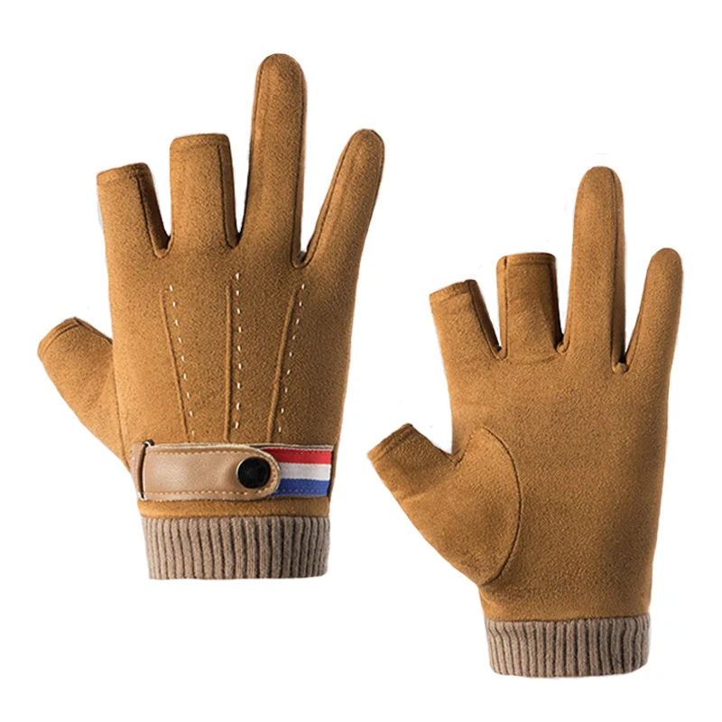 3-Fingerless Winter Men's Fishing Gloves Suede Warm Non-slip Outdoor Sports Cycling Half Finger Hand Protection