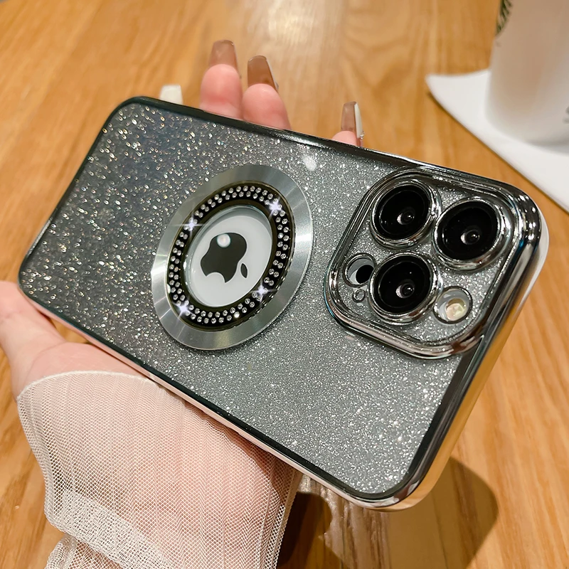 Placcatura di lusso ricarica wireless per custodia Magsafe per iPhone 14 13 12 11 Pro Max Plus custodie per paraurti con glitter a colori sfumati_voghion.com
