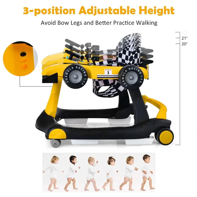 4-in-1 Baby Walker Activity Push Walker Adjustable Heights 360° Swivel Wheel Music & Light Foldable Car Walker for Boys Girls 6