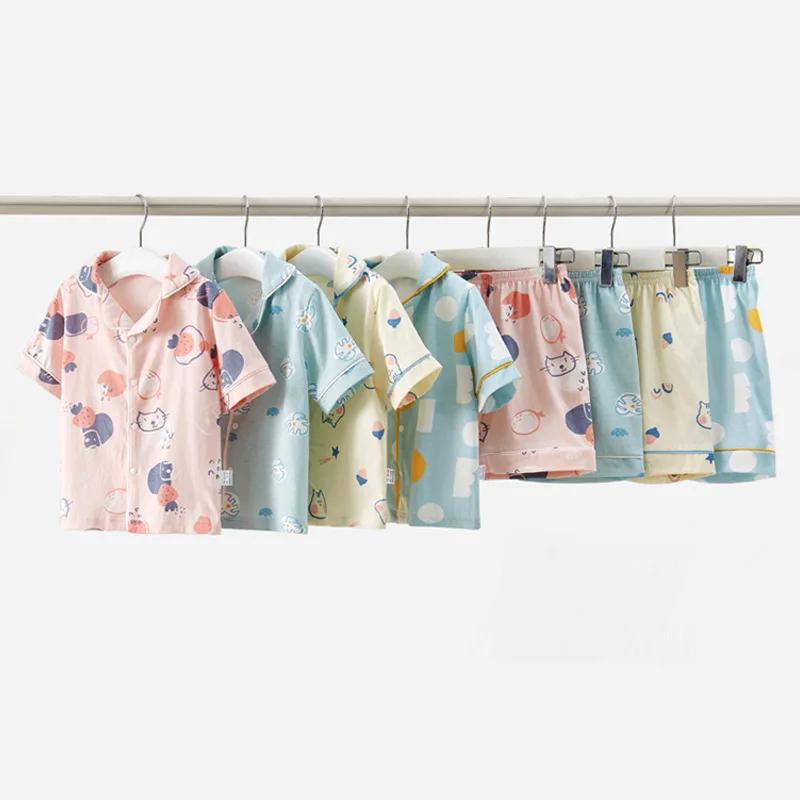 Children Cotton Pajamas Summer Cartoon Printed 2 Pieces Set Short Sleeve Top with Shorts Toddler Baby Boy Girls Sleepwear Sets
