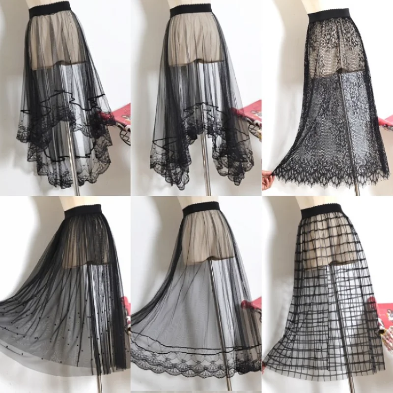 Versatile One Layer Perspective Long Black Tulle Pleated Skirts for Women 2023 Spring Summer Women Polyester Skirt Korean Style