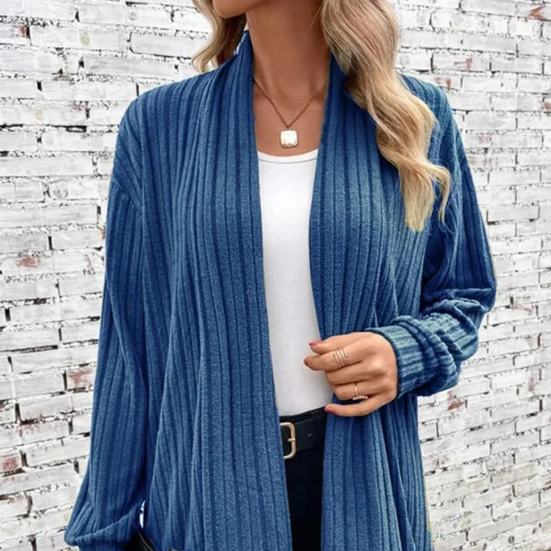 

2023 Autumn and Winter Women's Polo Screw Thread Solid Loose Cardigan Fashion Casual Elegant Commuter Midi Long Sleeve Tops