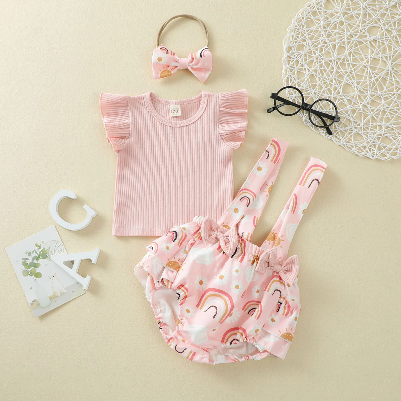 Children's clothing girls clothes set summer baby girl pit strip lace flying sleeve top triangle romper + floral shorts set Baby Clothing Set classic