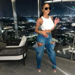 Hollow Out Denim Pencil Pants Women Button Fly High Waist Cutout Fashion Loose Casual Jeans Trousers All Matching Bottoms