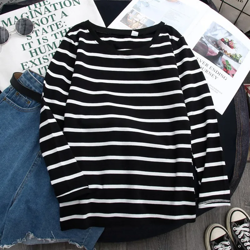 Spring T-Shirt Women Korean Clothes White Long Sleeve Hot Sale Casual Striped Harajuku Regular Ulzzang Students Ins Mature 2