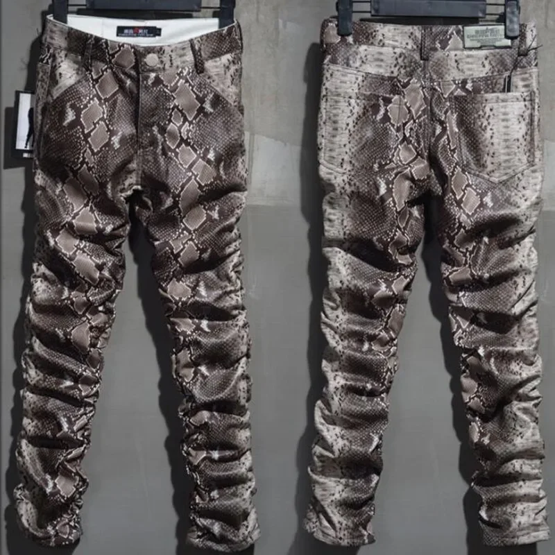 2024 Fashion Men Slim Faux Python Snake Print Leather Pants Men's