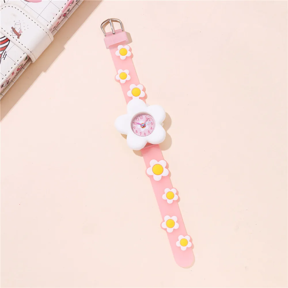 Pink Flowers Dial Cute Girls Watch For Children Soft Strap Wristwatch For Student 4
