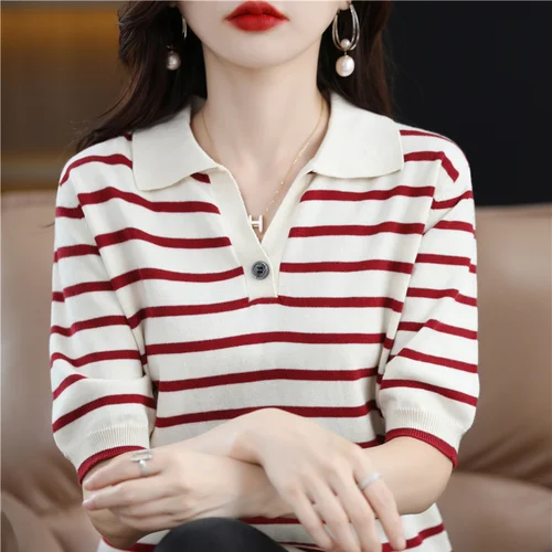여성용 반팔 단색 폴로 셔츠, 캐주얼 코튼 스트라이프 티셔츠, 여성 의류, 2023 캐주얼 니트 탑, 여름 4