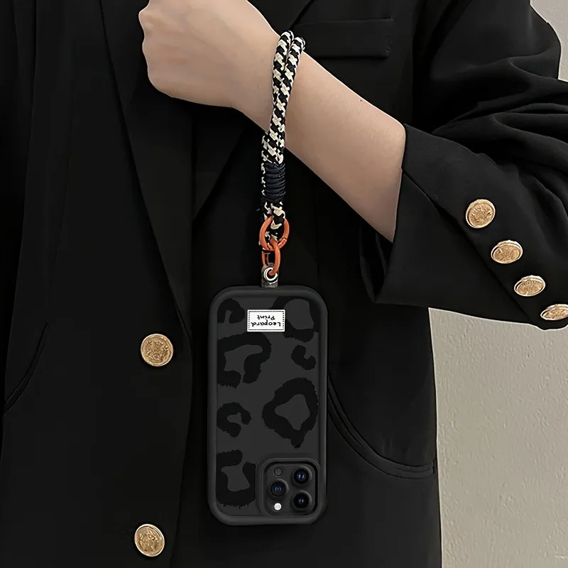 Black Leopard Print Hang Strap Phone Case - Sleek and Stylish Soft Cover