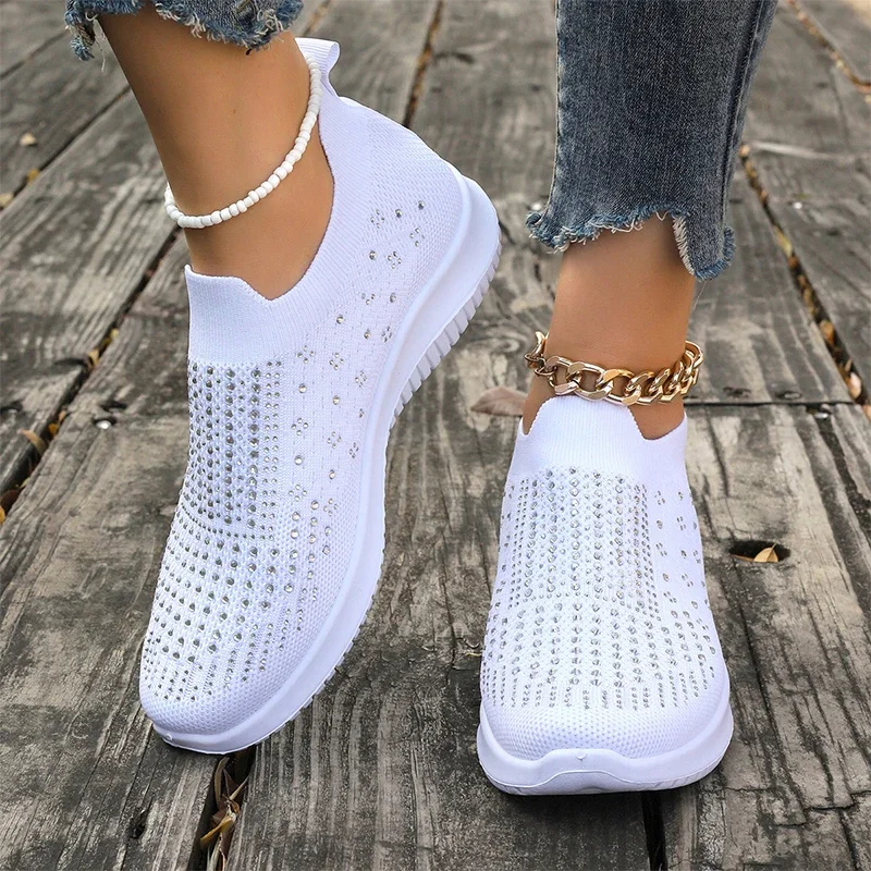 

Женские блестящие сетчатые кроссовки на плоской подошве, Вязаная весенняя прогулочная Повседневная Новая обувь 2024, уютная модная женская спортивная обувь