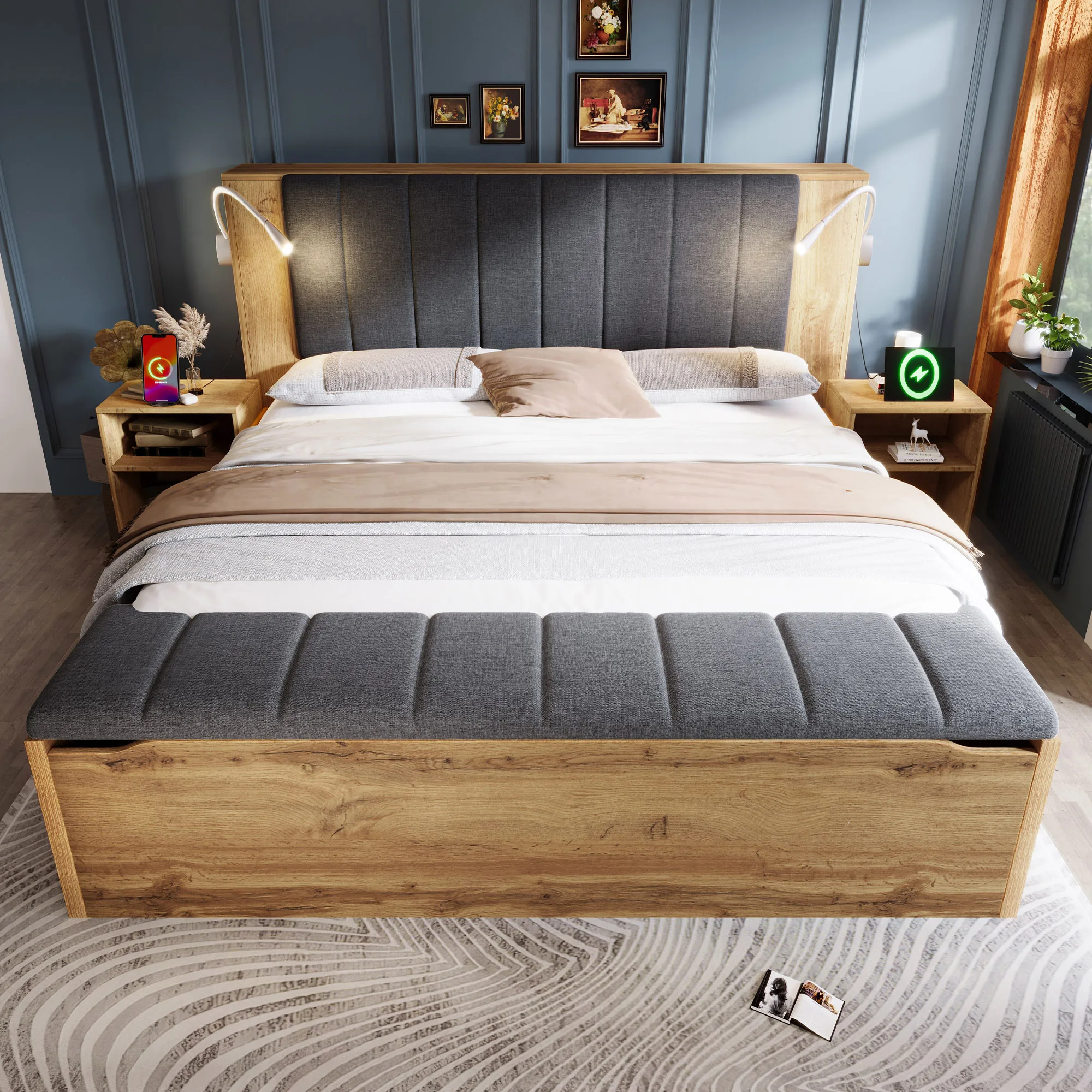 Doppelbett 160 x 200 cm mit Kopfteil aus Leinenstoff, ausklappbarem Kopfteil, Nachttischen mit Stauraum, Bank, USB-Lampen, Lattenrost aus Eichenholz – Detail 7
