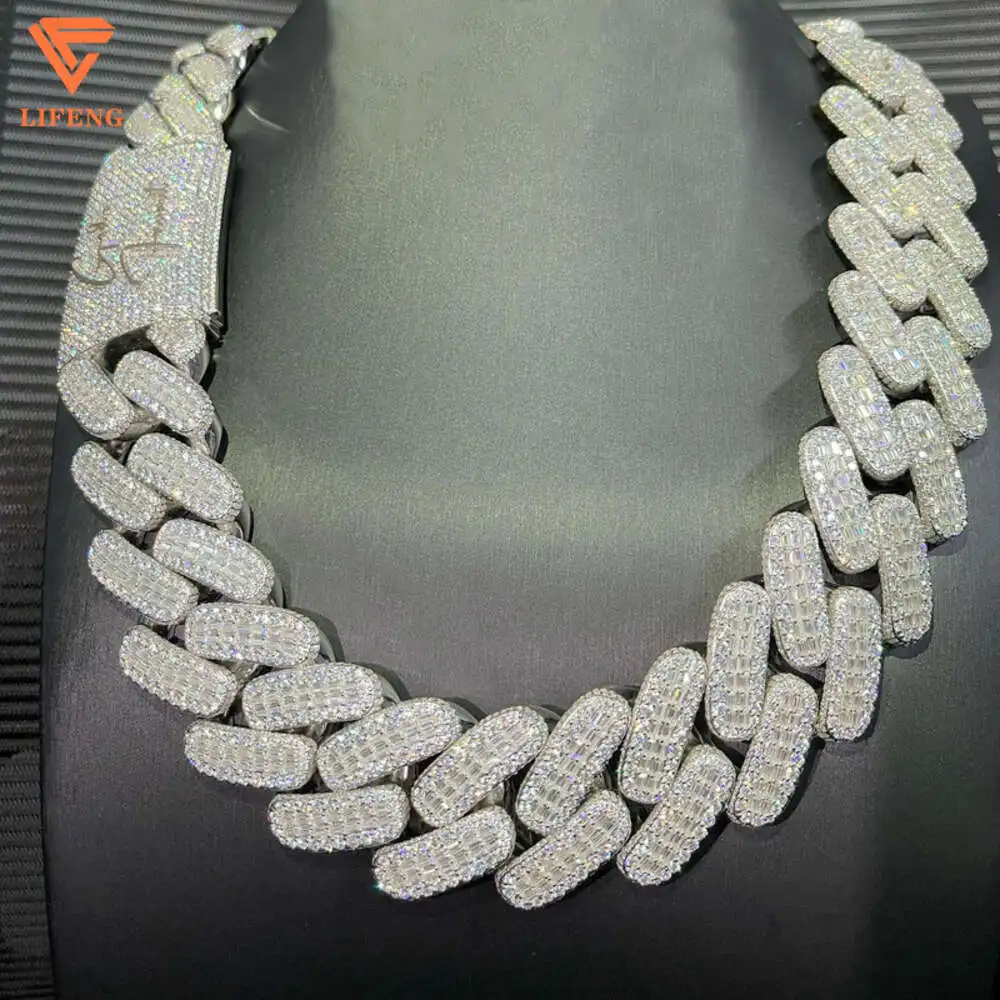 

Lifeng Jewelry 30mm Width Vvs Moissanite Link Chain Baguette Diamond 925 Sterling Silver Cuban White Gold Necklace Custom Chain