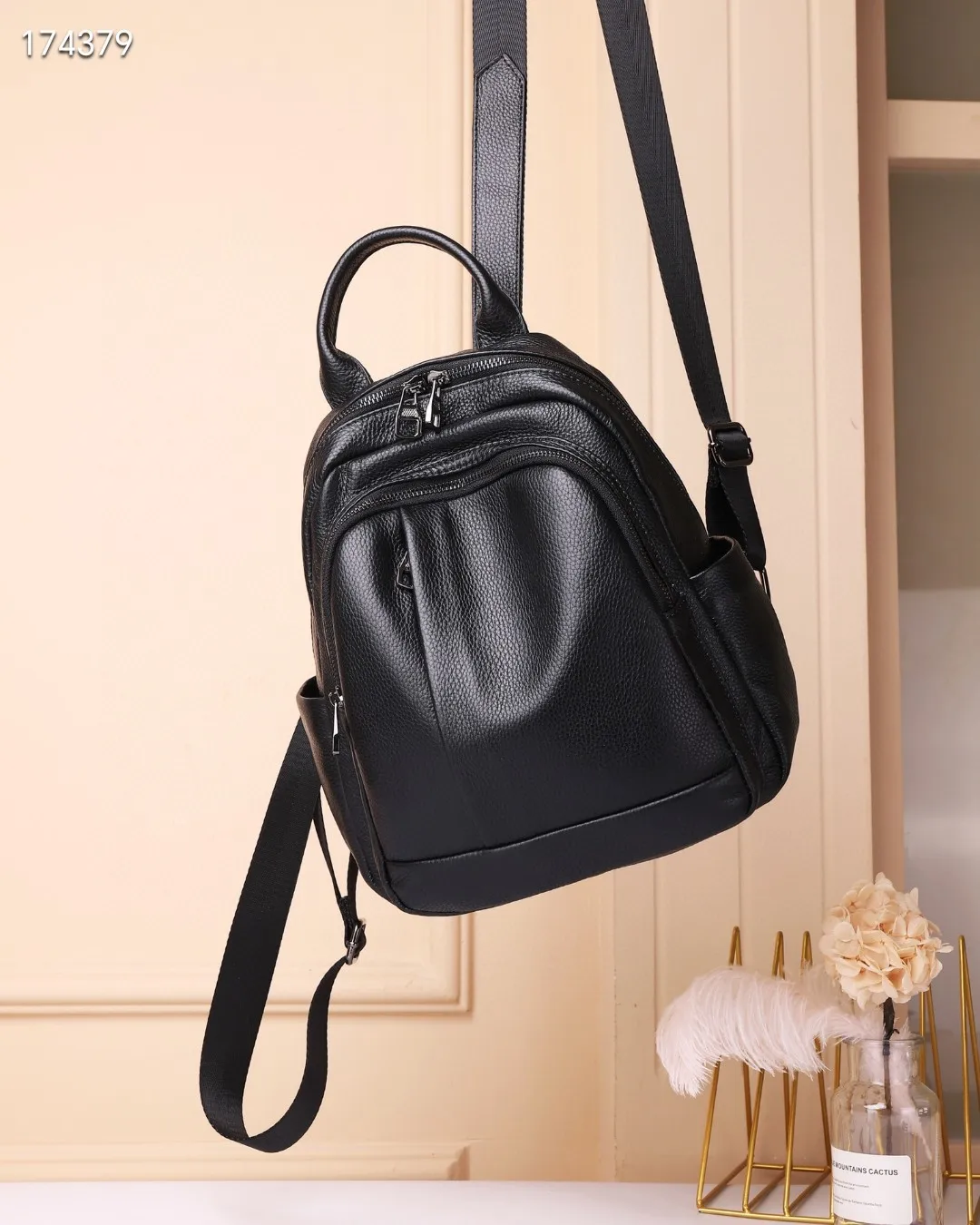 Schwarz Echtes Kuh Leder Rucksack Frauen Casual Anti-diebstahl Damen Echtes Leder Schulter Tasche Solide Muster Mädchen Schule Bagpack – Detail 4
